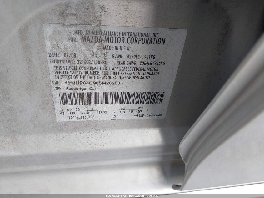 2008 Mazda Mazda6 I Sport Ve VIN: 1YVHP84C985M26263 Lot: 43431672
