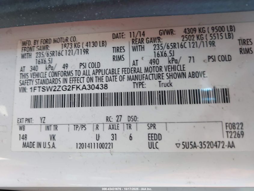 2015 Ford Transit-350 VIN: 1FTSW2ZG2FKA30438 Lot: 43431676