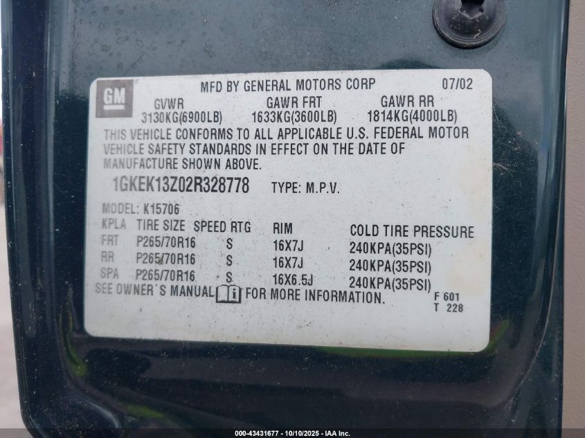 2002 GMC Yukon Slt VIN: 1GKEK13Z02R328778 Lot: 43431677