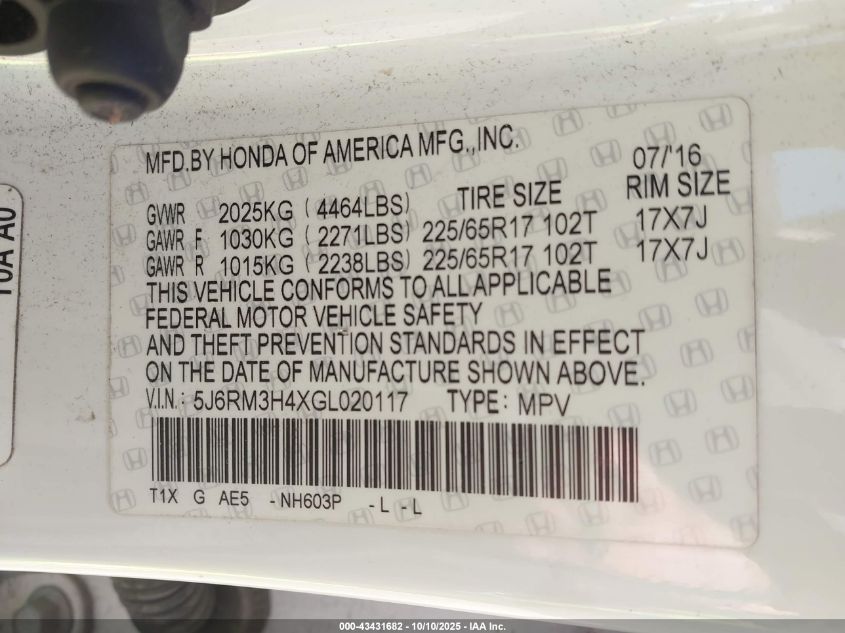 2016 Honda Cr-V Se VIN: 5J6RM3H4XGL020117 Lot: 43431682