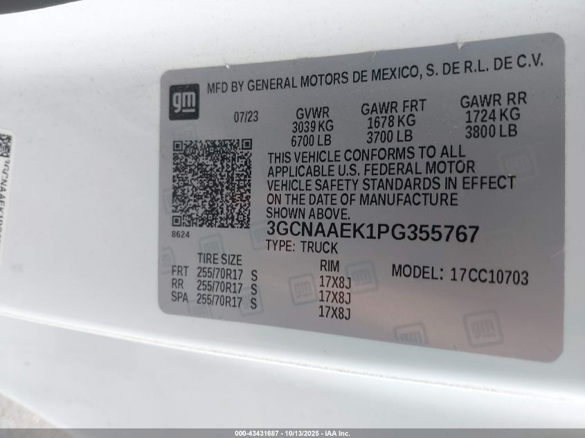 2023 Chevrolet Silverado 1500 2Wd Standard Bed Wt VIN: 3GCNAAEK1PG355767 Lot: 43431687