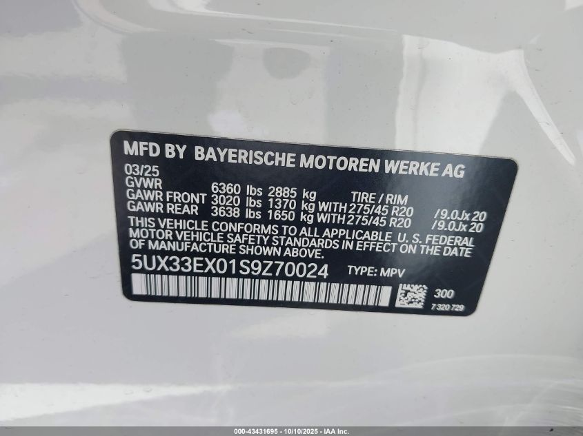 2025 BMW X6 xDrive40I VIN: 5UX33EX01S9Z70024 Lot: 43431695