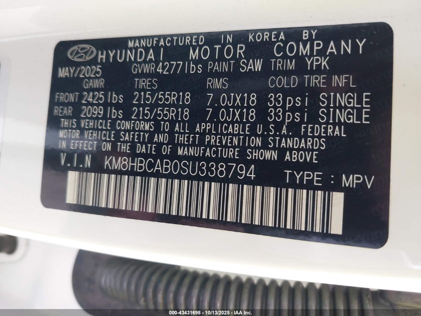 2025 Hyundai Kona Sel VIN: KM8HBCAB0SU338794 Lot: 43431698