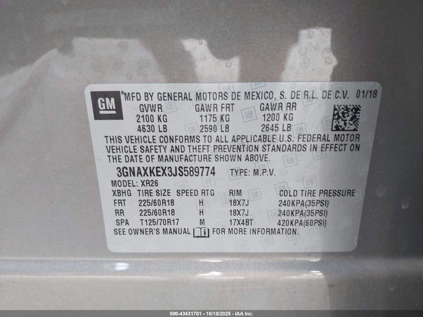 2018 Chevrolet Equinox Lt VIN: 3GNAXKEX3JS589774 Lot: 43431701