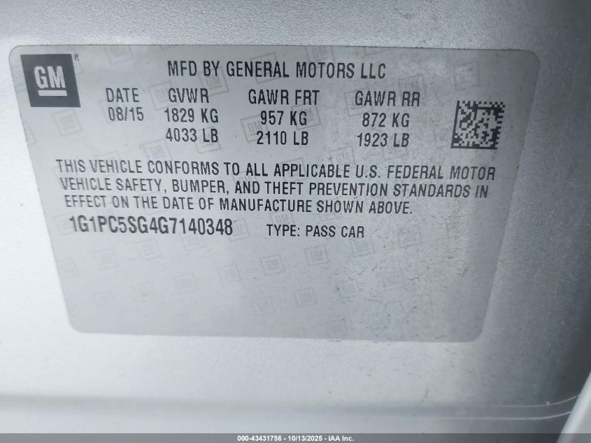 2016 Chevrolet Cruze Limited Ls Auto VIN: 1G1PC5SG4G7140348 Lot: 43431756