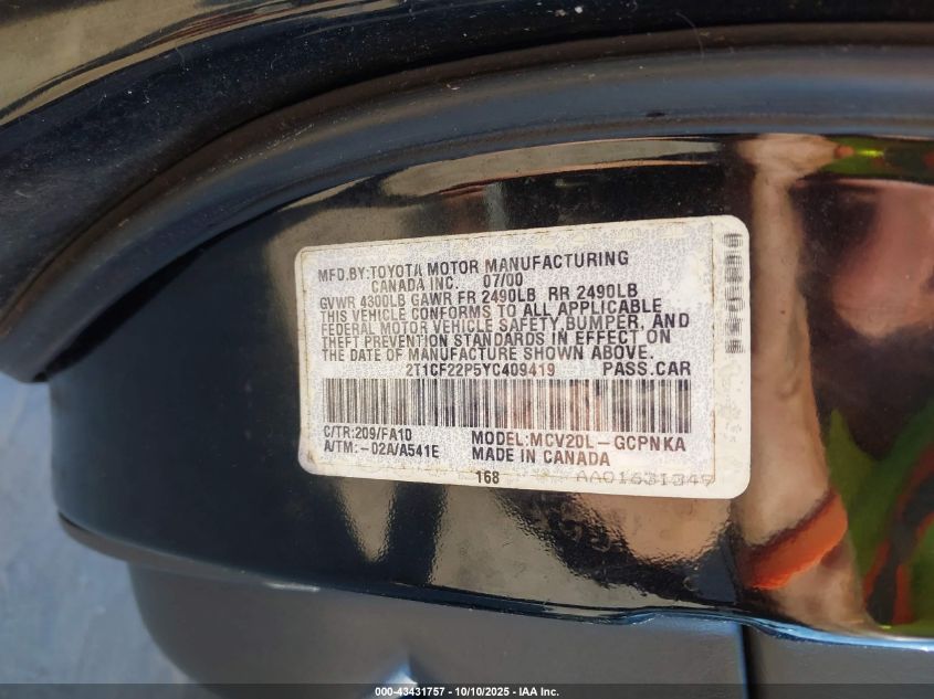 2000 Toyota Camry Solara Se V6 VIN: 2T1CF22P5YC409419 Lot: 43431757