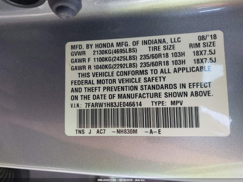 2018 Honda Cr-V Ex-L/Ex-L Navi VIN: 7FARW1H83JE046614 Lot: 43431758