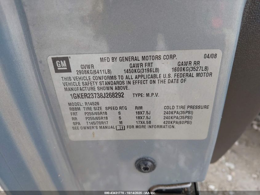 2008 GMC Acadia Slt-1 VIN: 1GKER23738J268292 Lot: 43431778