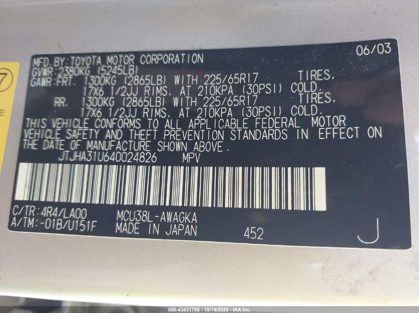 2004 Lexus Rx 330 VIN: JTJHA31U640024826 Lot: 43431786