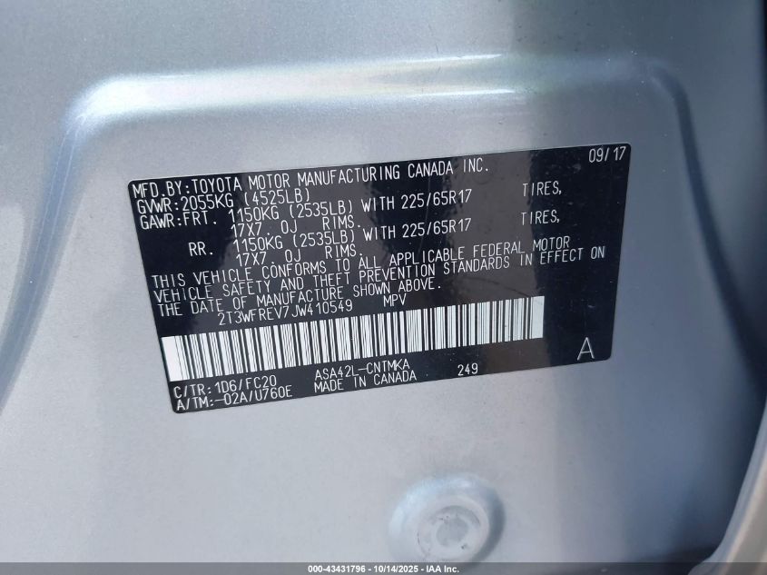 2018 Toyota Rav4 Xle VIN: 2T3WFREV7JW410549 Lot: 43431796