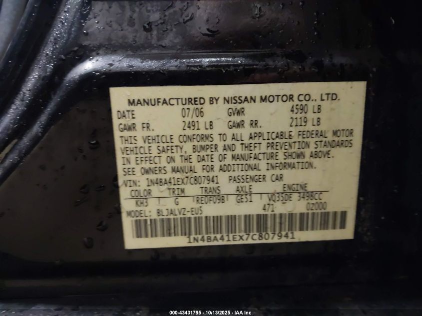 2007 Nissan Maxima 3.5 Se VIN: 1N4BA41EX7C807941 Lot: 43431795