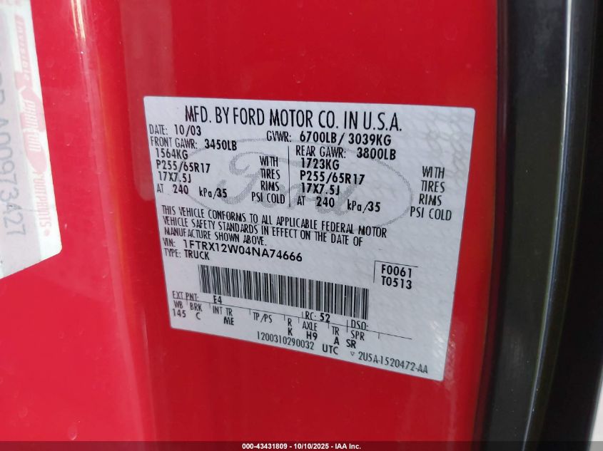 2004 Ford F-150 Stx/Xl/Xlt VIN: 1FTRX12W04NA74666 Lot: 43431809