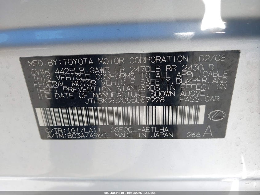 2008 Lexus Is 250 VIN: JTHBK262085067928 Lot: 43431810