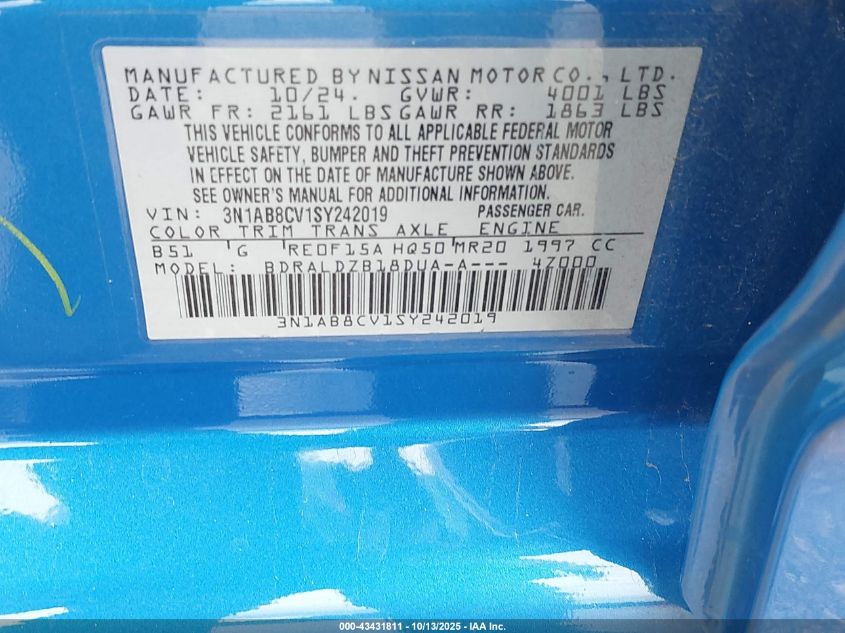 2025 Nissan Sentra Sv VIN: 3N1AB8CV1SY242019 Lot: 43431811