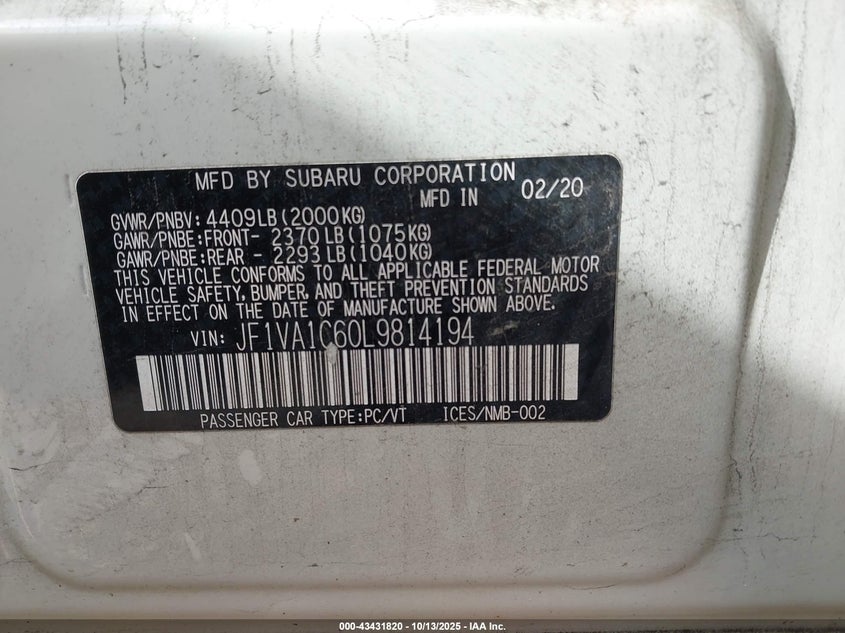 2020 SUBARU WRX PREMIUM JF1VA1C60L9814194