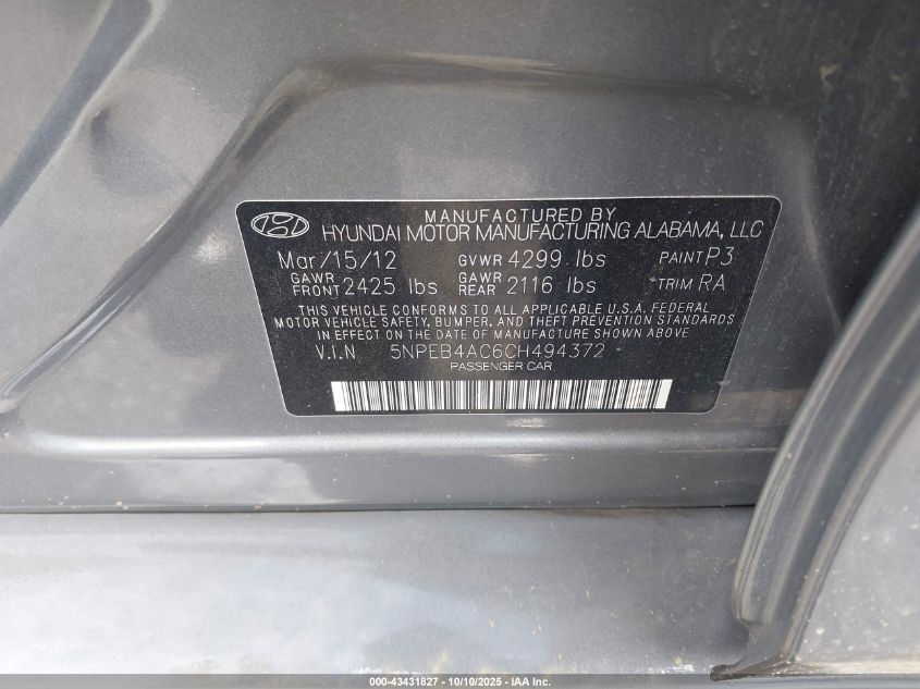 2012 Hyundai Sonata Gls Pzev VIN: 5NPEB4AC6CH494372 Lot: 43431827