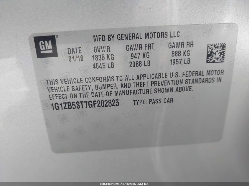 2016 Chevrolet Malibu Ls VIN: 1G1ZB5ST7GF202825 Lot: 43431829