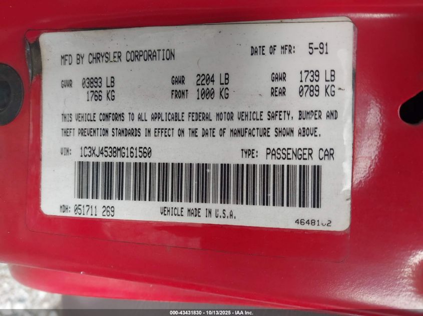 1991 Chrysler Lebaron VIN: 1C3XJ4538MG161560 Lot: 43431830