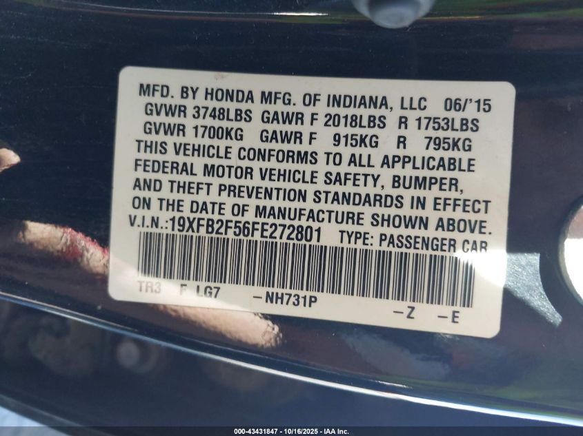 2015 Honda Civic Lx VIN: 19XFB2F56FE272801 Lot: 43431847