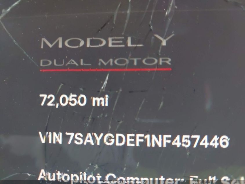 2022 Tesla Model Y Performance Dual Motor All-Wheel Drive VIN: 7SAYGDEF1NF457446 Lot: 43431862