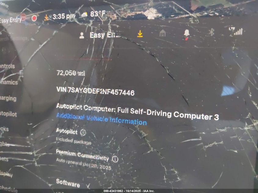 2022 Tesla Model Y Performance Dual Motor All-Wheel Drive VIN: 7SAYGDEF1NF457446 Lot: 43431862