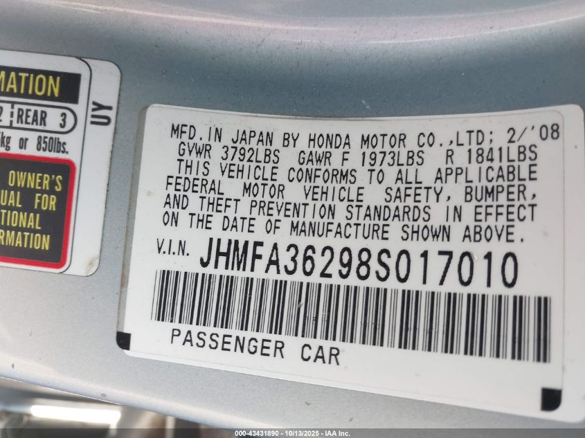 2008 Honda Civic Hybrid VIN: JHMFA36298S017010 Lot: 43431890