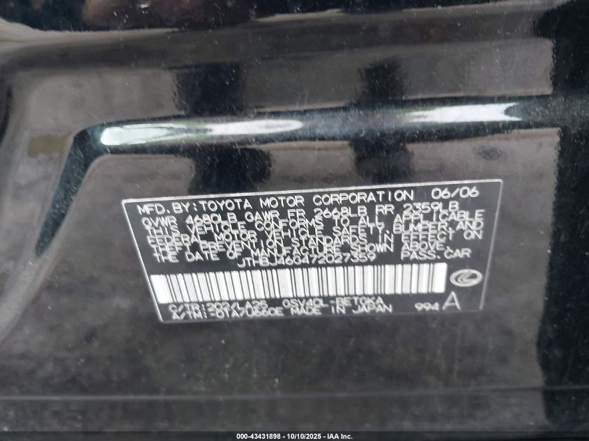 2007 Lexus Es 350 VIN: JTHBJ46G472027359 Lot: 43431898