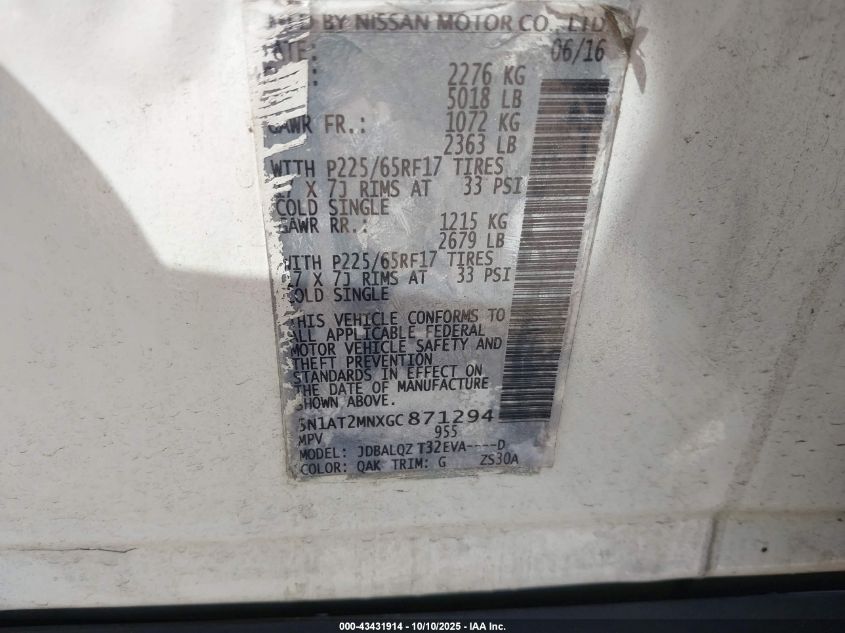 2016 Nissan Rogue Sv VIN: 5N1AT2MNXGC871294 Lot: 43431914