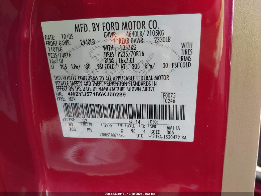 2006 Mercury Mariner Luxury/Premier VIN: 4M2YU57186KJ00289 Lot: 43431916