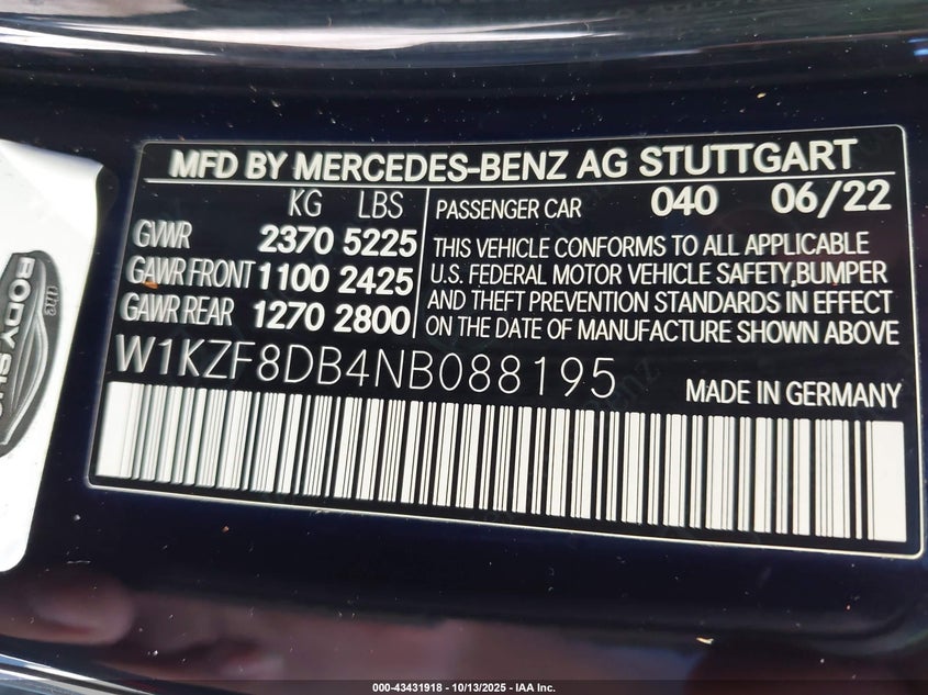 2022 MERCEDES-BENZ E 350 W1KZF8DB4NB088195