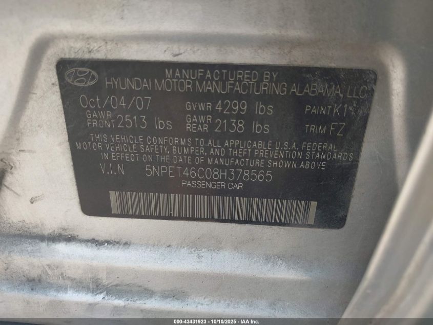 2008 Hyundai Sonata Gls VIN: 5NPET46C08H378565 Lot: 43431923