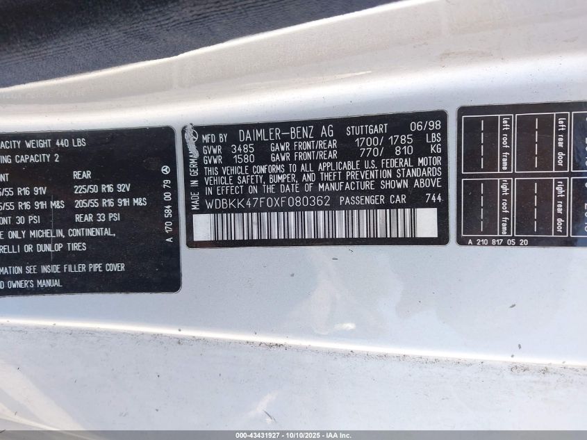 1999 Mercedes-Benz Slk 230 Kompressor VIN: WDBKK47F0XF080362 Lot: 43431927
