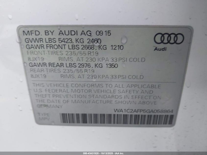 2016 Audi Q5 2.0T Premium VIN: WA1C2AFP5GA058864 Lot: 43431928