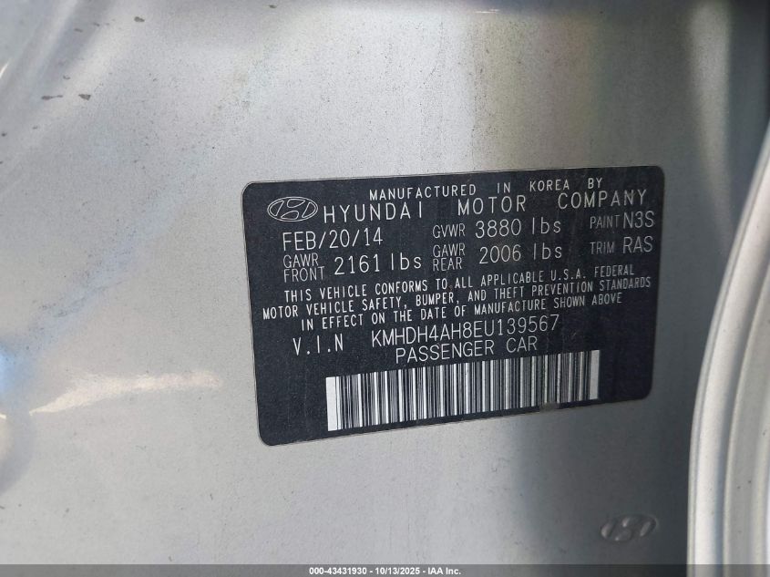 2014 Hyundai Elantra Sport VIN: KMHDH4AH8EU139567 Lot: 43431930