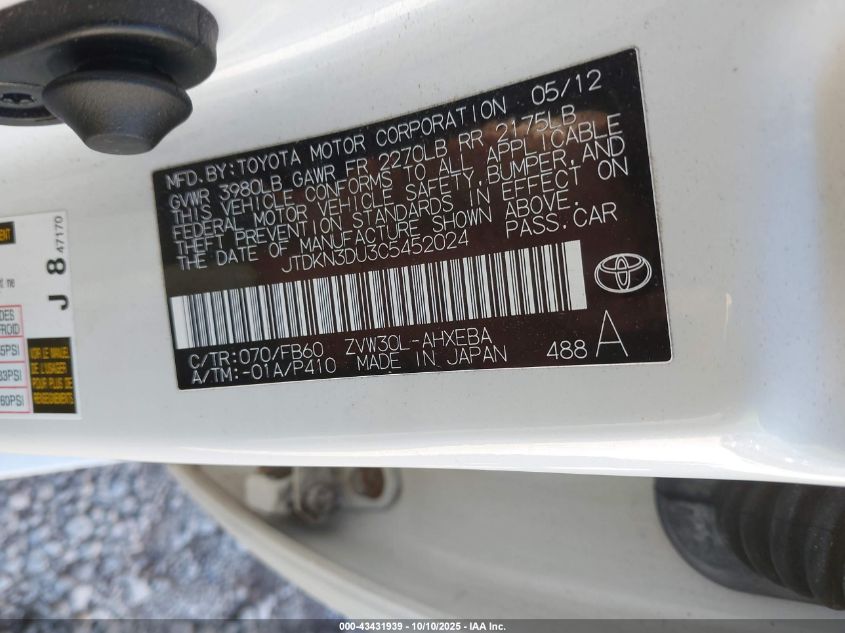 2012 Toyota Prius Two VIN: JTDKN3DU3C5452024 Lot: 43431939