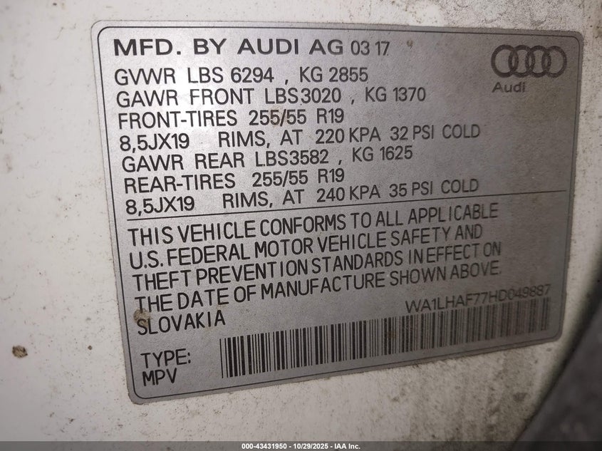 2017 Audi Q7 2.0T Premium VIN: WA1LHAF77HD049887 Lot: 43431950