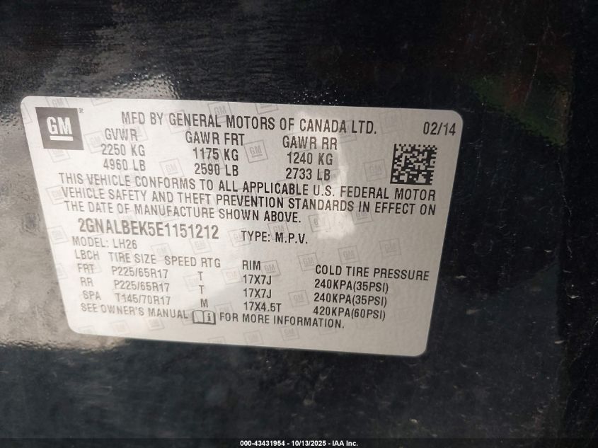 2014 Chevrolet Equinox 1Lt VIN: 2GNALBEK5E1151212 Lot: 43431954