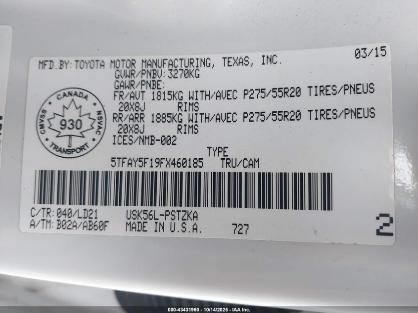 5TFAY5F19FX460185 2015 TOYOTA TUNDRA photo no. 9