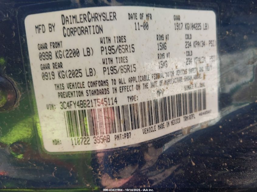 2001 Chrysler Pt Cruiser VIN: 3C4FY4BB21T545114 Lot: 43431984
