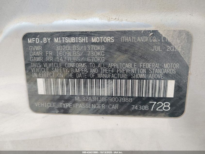 2015 Mitsubishi Mirage De/Rf VIN: ML32A3HJ8FH007988 Lot: 43431986