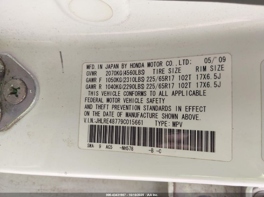 2009 Honda Cr-V Ex-L VIN: JHLRE48779C015661 Lot: 43431987