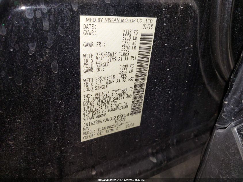 2018 Nissan Murano S VIN: 5N1AZ2MGXJN126914 Lot: 43431992