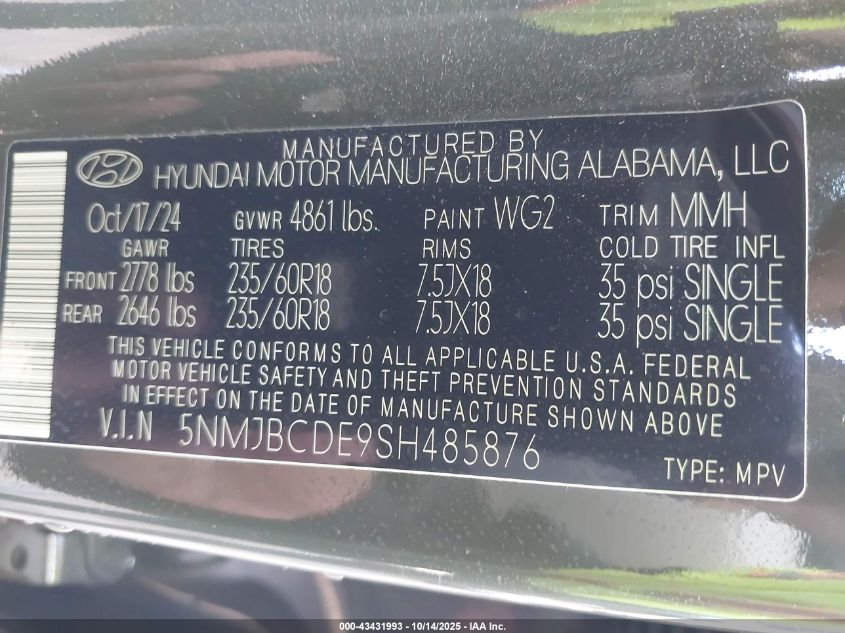 2025 Hyundai Tucson Sel VIN: 5NMJBCDE9SH485876 Lot: 43431993