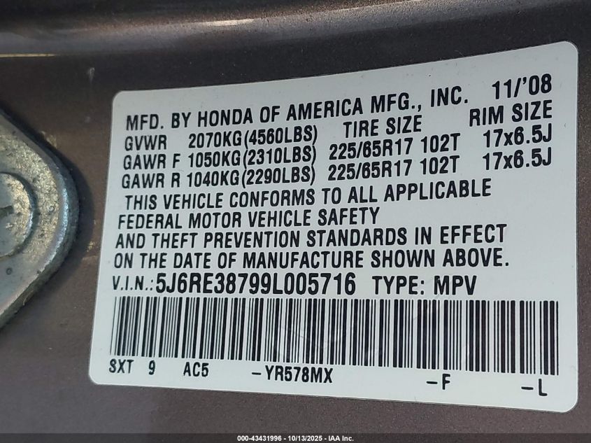 2009 Honda Cr-V Ex-L VIN: 5J6RE38799L005716 Lot: 43431996