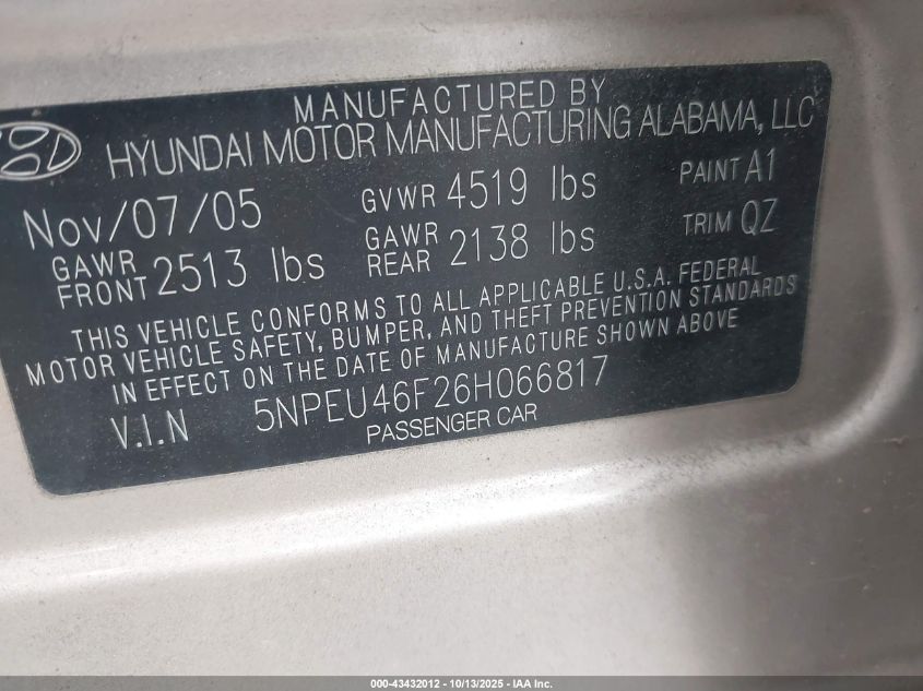 2006 Hyundai Sonata Gls V6/Lx V6 VIN: 5NPEU46F26H066817 Lot: 43432012