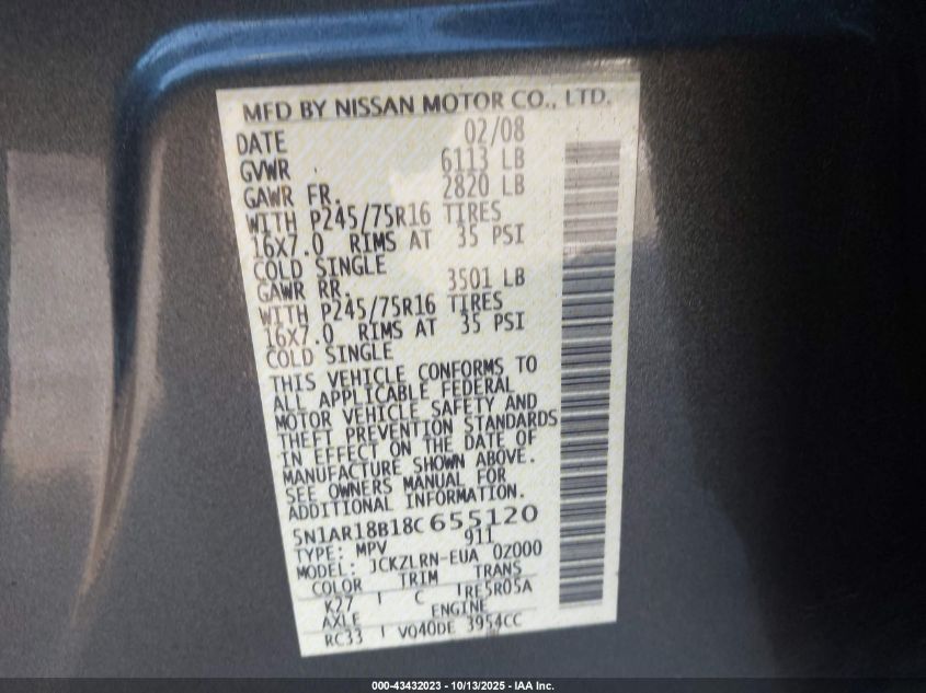 2008 Nissan Pathfinder S VIN: 5N1AR18B18C655120 Lot: 43432023