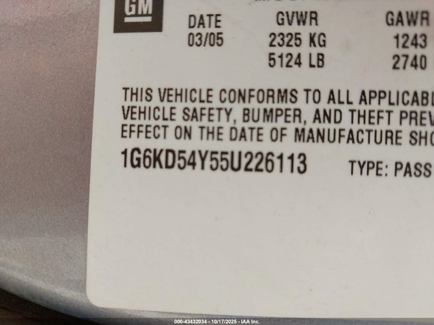 2005 Cadillac Deville Livery VIN: 1G6KD54Y55U226113 Lot: 43432034