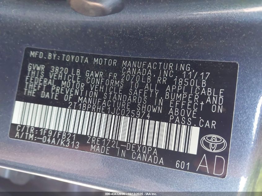 2018 Toyota Corolla Le Eco VIN: 2T1BPRHE1JC025974 Lot: 43432036