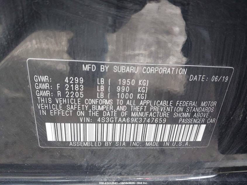 2019 SUBARU IMPREZA 2.0I 4S3GTAA69K3747659