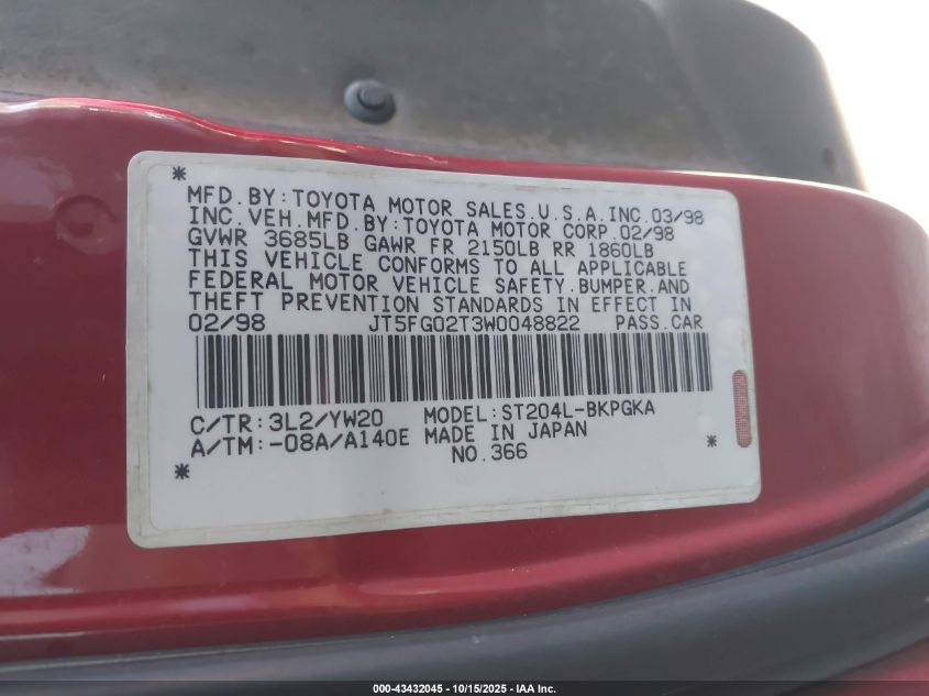 1998 Toyota Celica Gt VIN: JT5FG02T3W0048822 Lot: 43432045